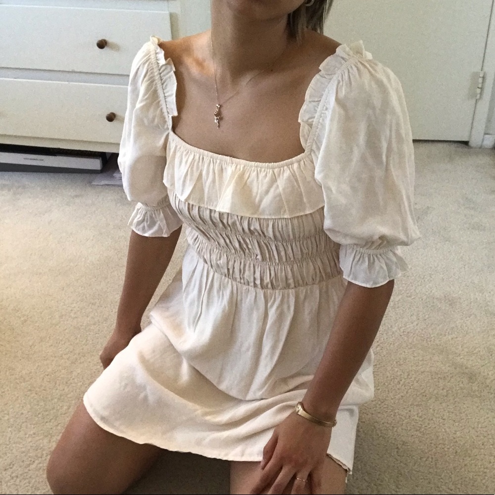 SQUARE NECK SMOCKED RUFFLE DRESS